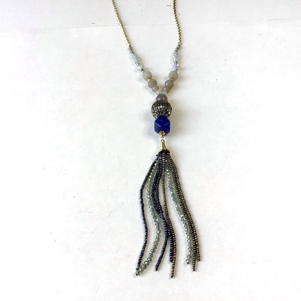 Beaded Tassel Necklace Blue & Gray Mixed Beads Gold Tone Long 32” Chain W/Clasp